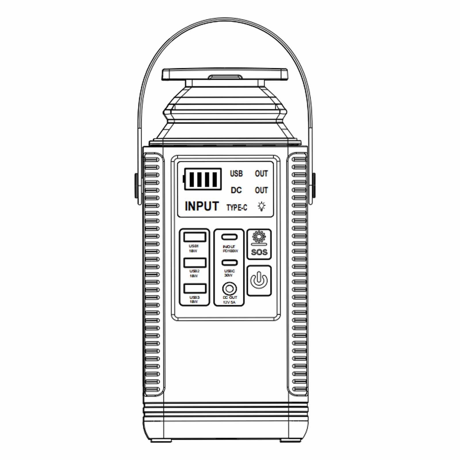 Dibujo lineal de la central eléctrica portátil multifuncional de 300 W para exteriores